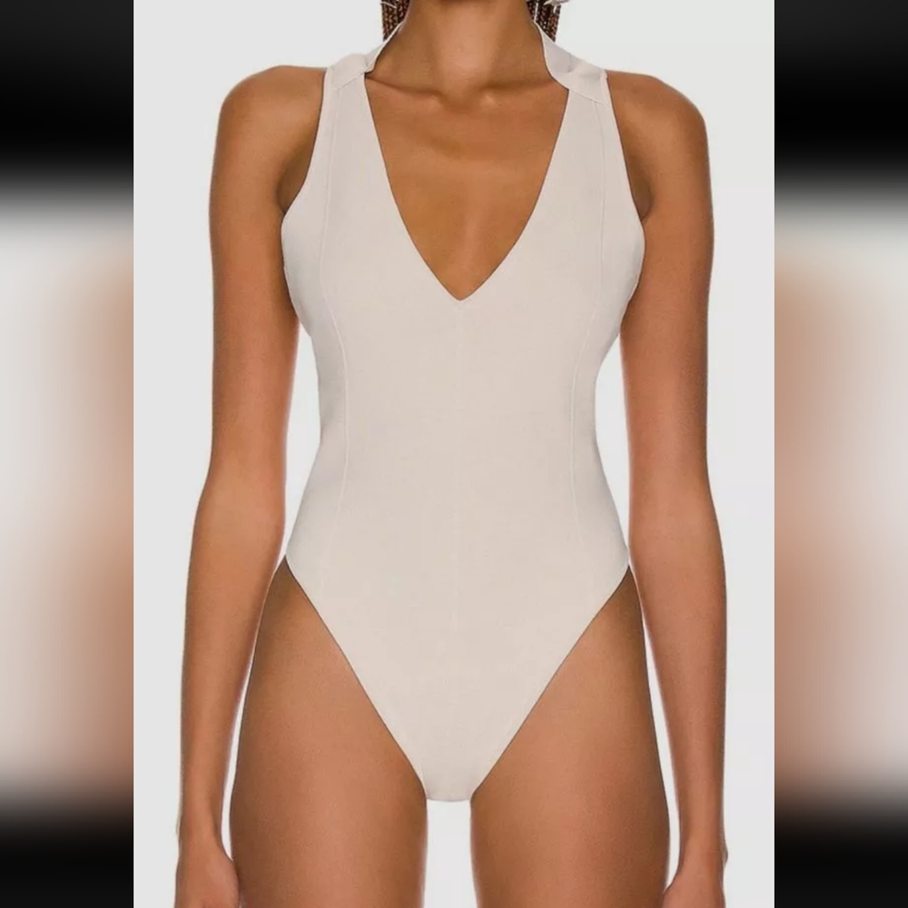 Gauge81 Khaki Knit Bodysuit with Plunging V-neck & Low Back With Strap Detail